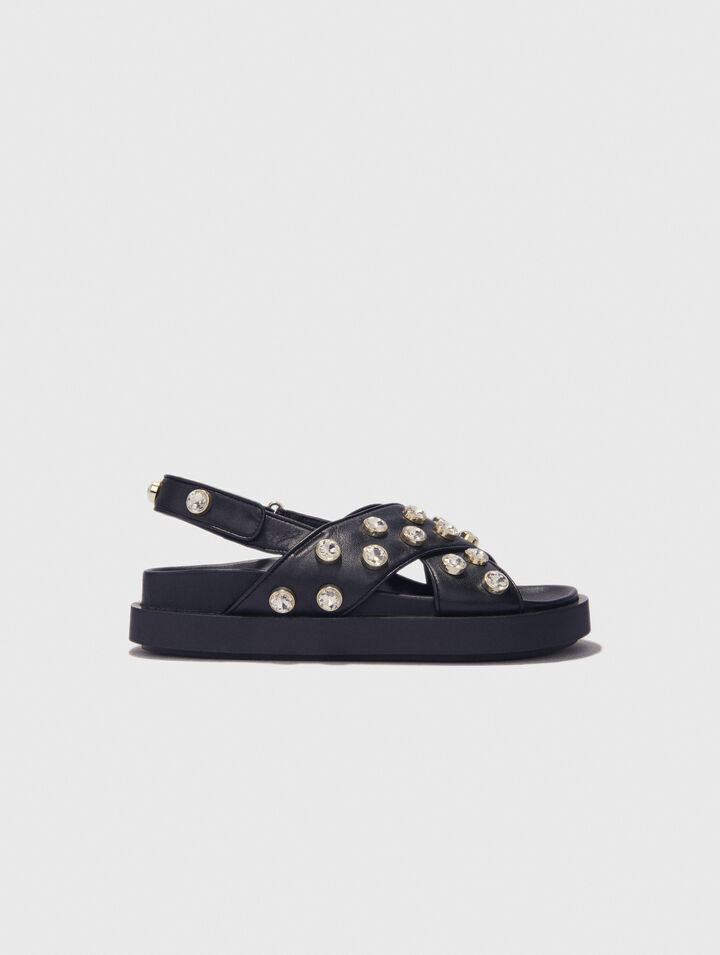 Flat leather and rhinestone sandals